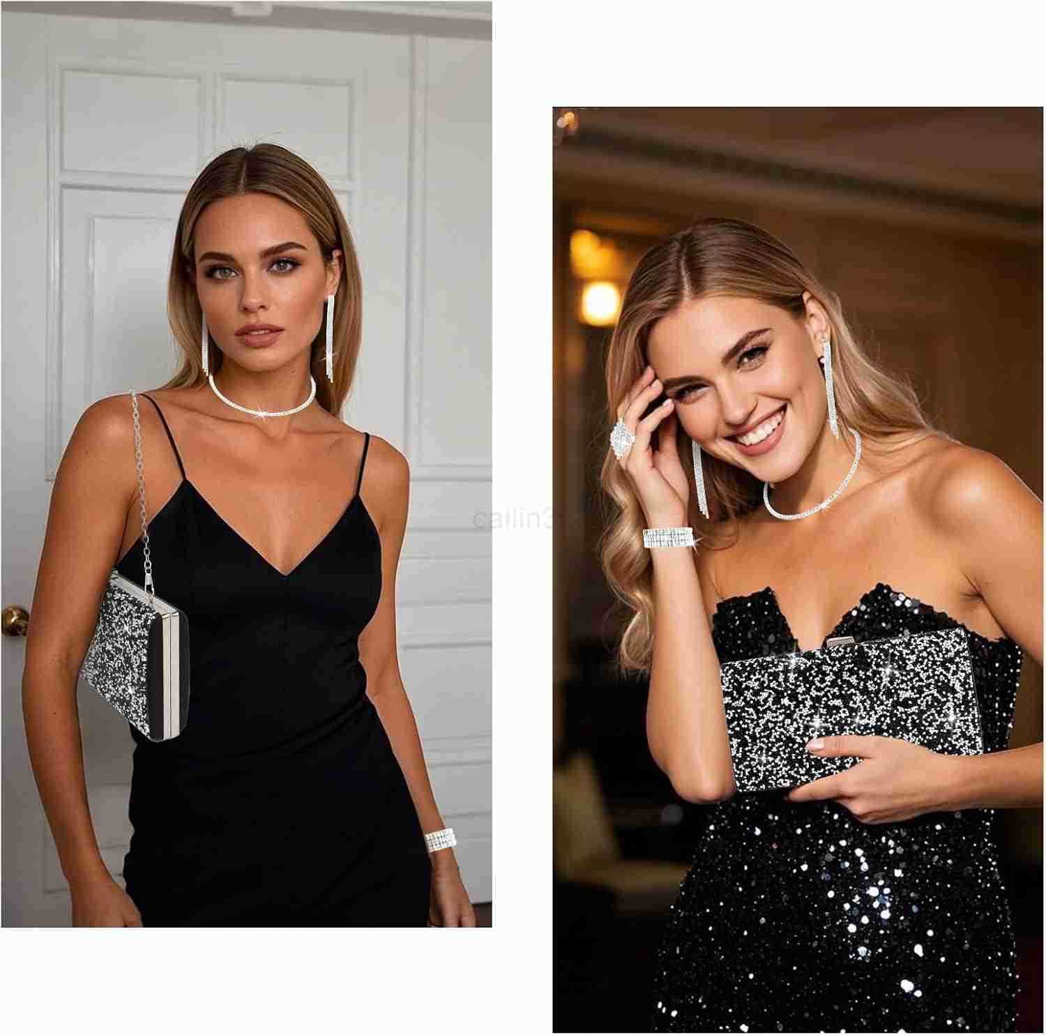 5pcsset Jewelry Purse Set For Women Handbags Clutch Rhinestone Diamond Necklaces Bracelets Earrings Ring Set Wedding Bridal Prom Homecoming Costume Je