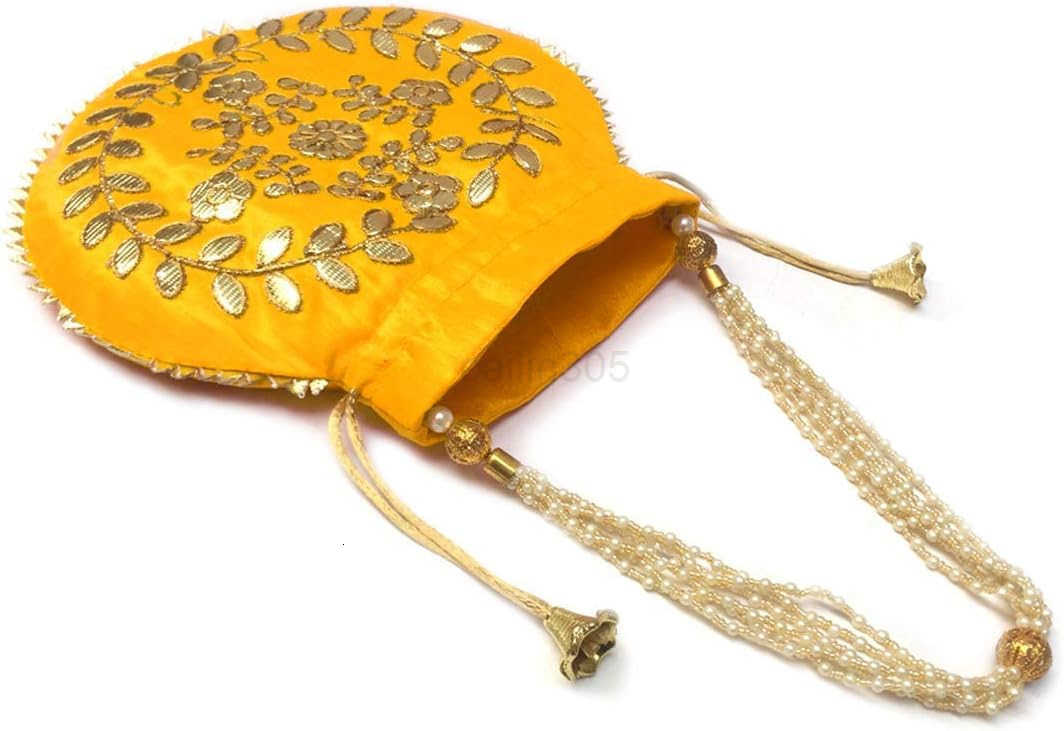 Bag For Women Indian Ethnic Designer Embroidered Silk Batwa Pearls Handle Purse Clutch Purse for Drawstring HL cm 23 24 Yellow Z25909