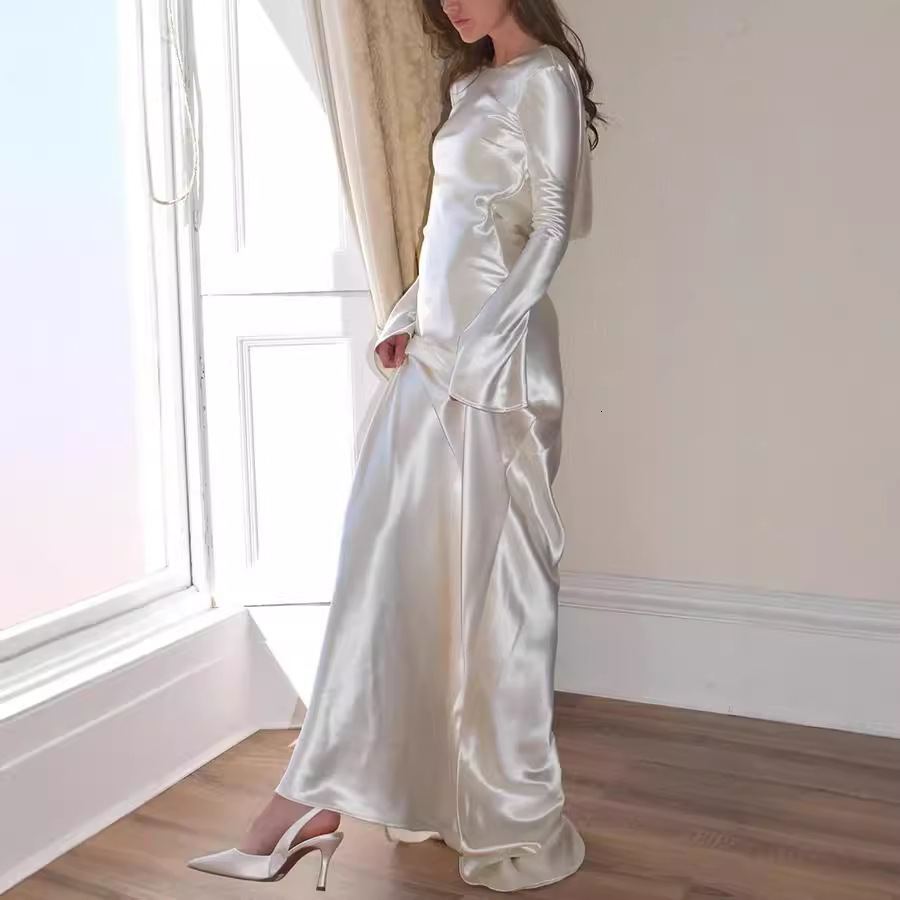 Womens Sexy Dress Slim Fit Backless Solid Color Round Neck Long Dress Mermaid 8086 240820