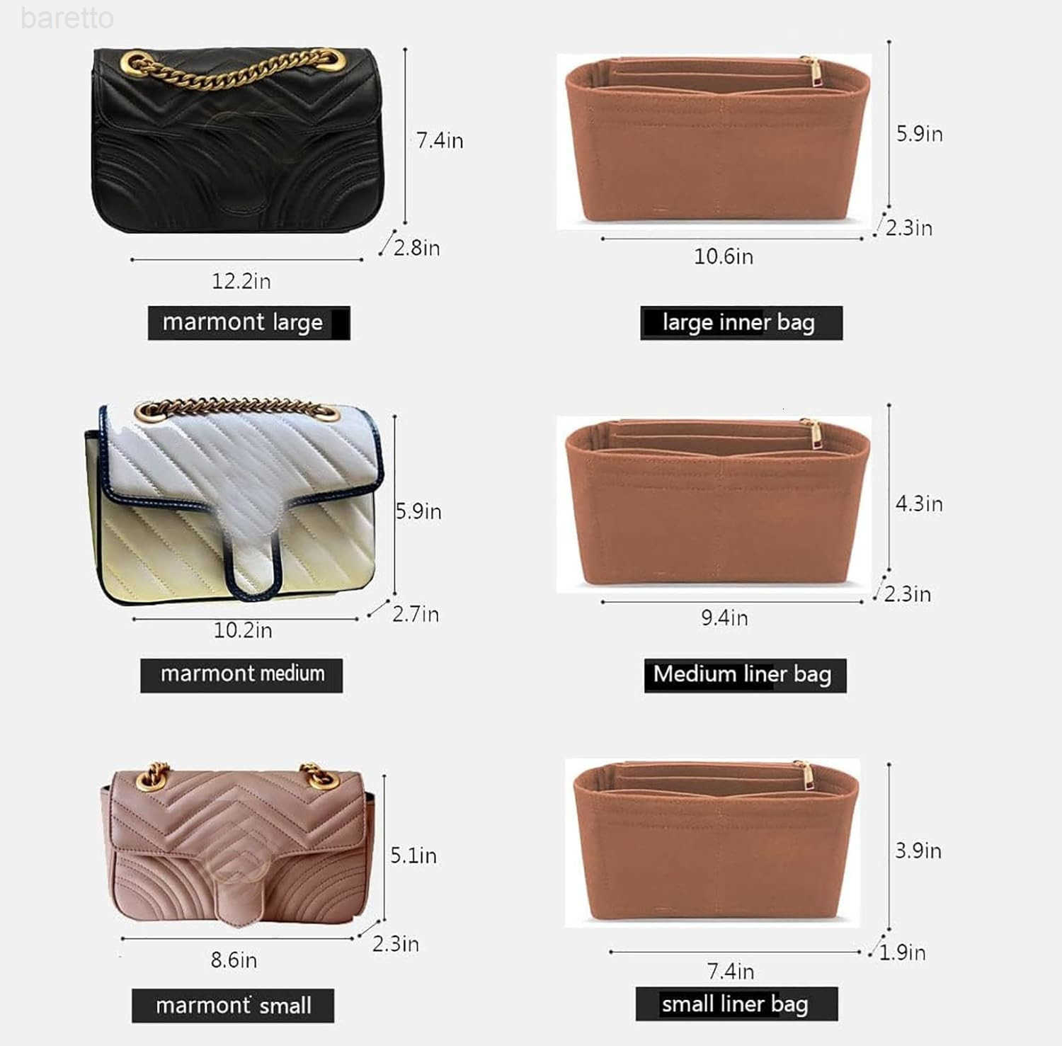 Purse Organizer insert pocket for marmont matelass shoulder bagsingle pack with zipper 2000AbrownM Z250909