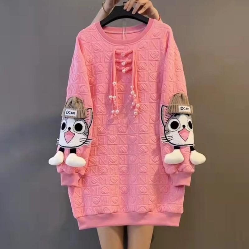 New Woman Winter Unique Style Black Dress Plus Size Midi PU Long Sleeve Cartoon Pocket Fringes Ladies Cute Large Dress Robe 3084 210322
