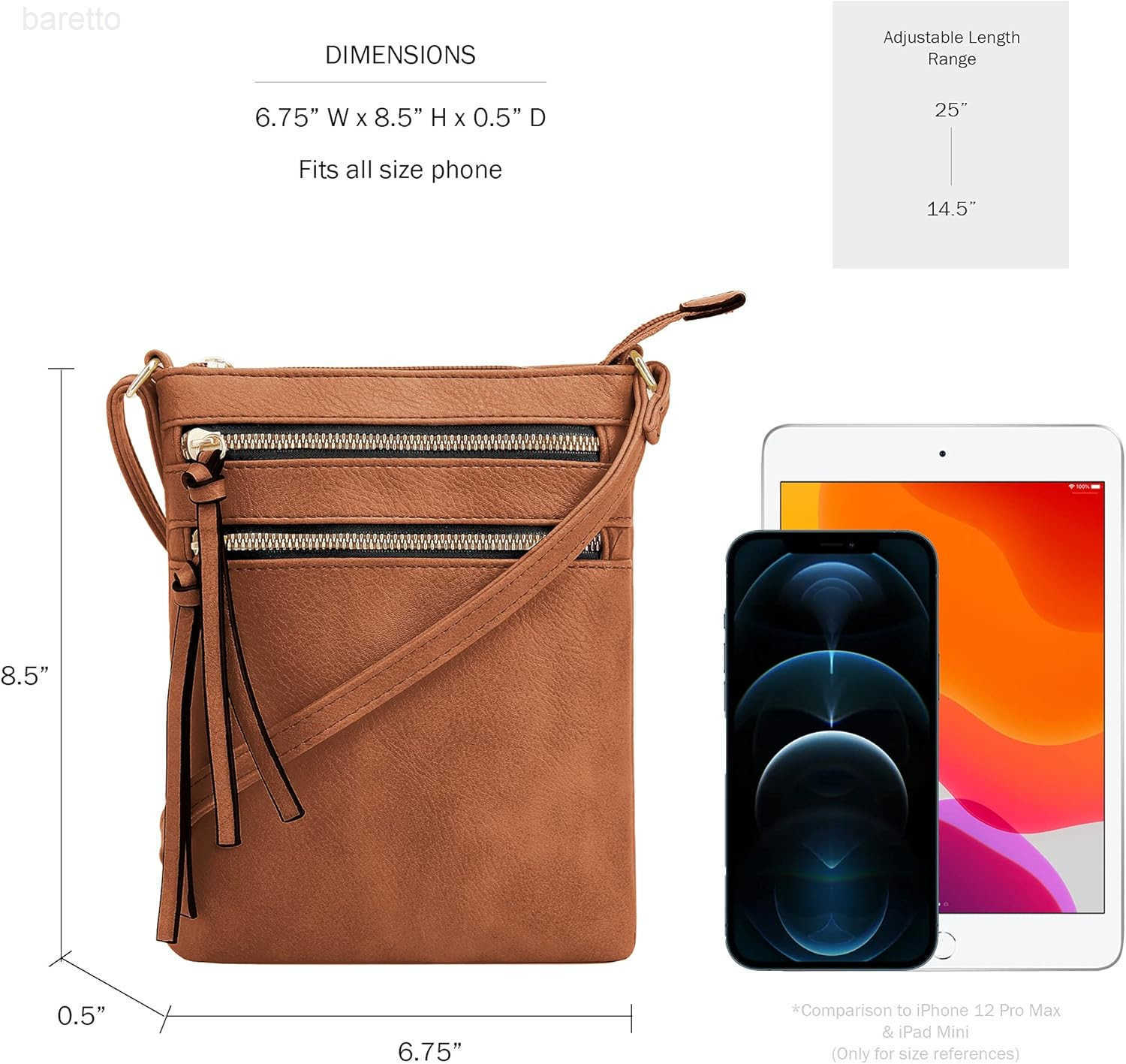 Crossbody Purse Bag Functional Multi Pocket Double Zipper Purse Adjustable Strap Medium Size Purse Cognac Z250909