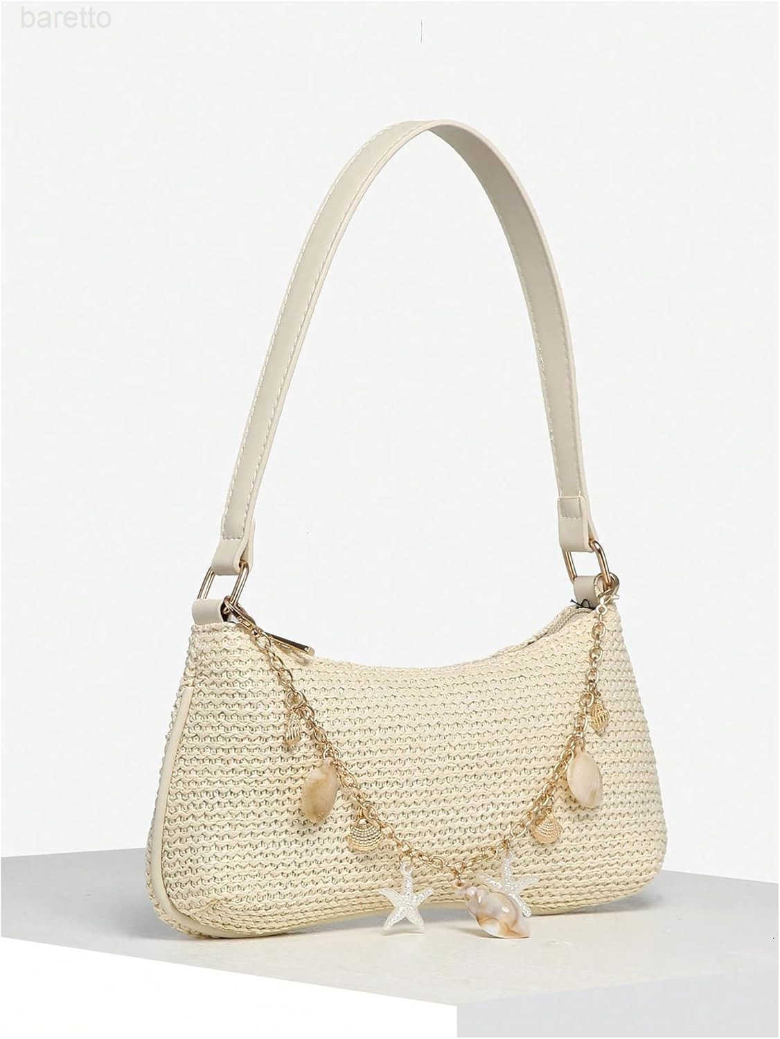 Womens Seashell Pearl Beaded Woven Underarm Shoulder Bags Beach Vacation Top Handle Zipper Single Strap Handbag Z250909