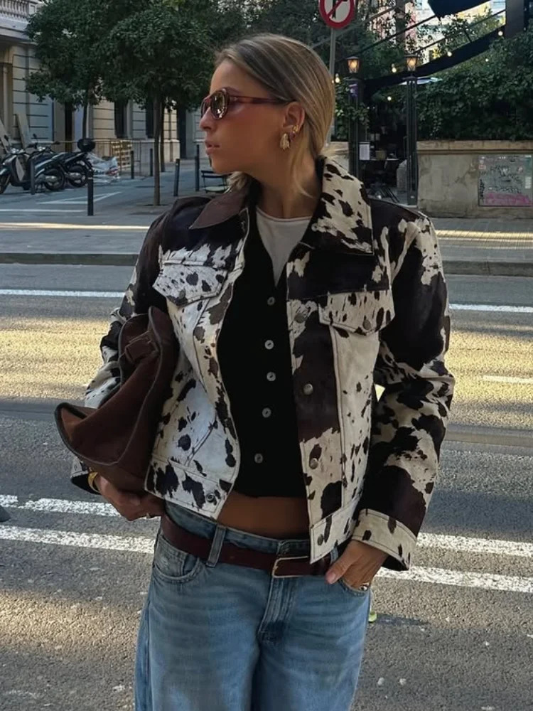 Autumn Winter Animal Cow Printed Coats For Women Elegant Single Breasted Turn Down Collar Jacket Lady Chic Street Outerwear 250909