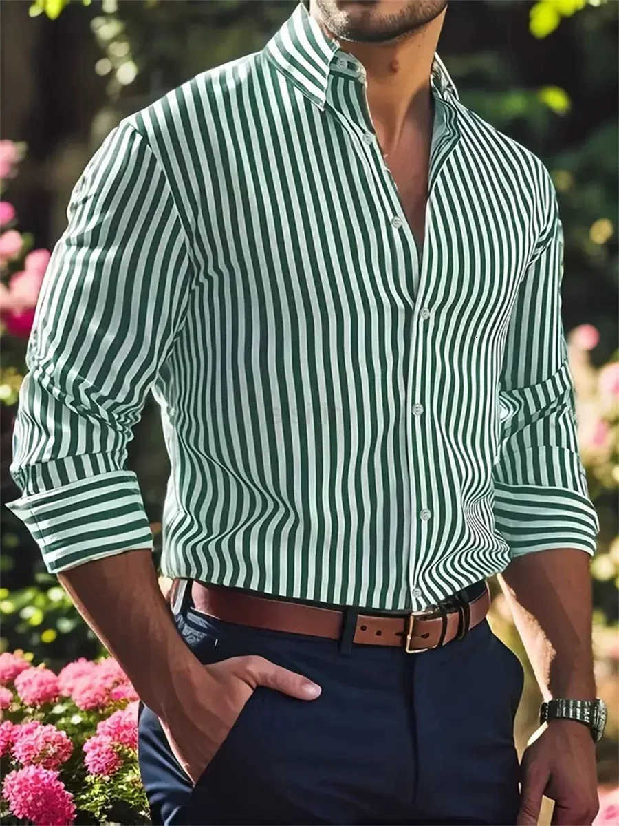 Mens Large Size 6XL Lapel Button Dress Shirt Striped Shirt Wedding Black White Red Business Long Sleeve Comfortable Fabric Z250909