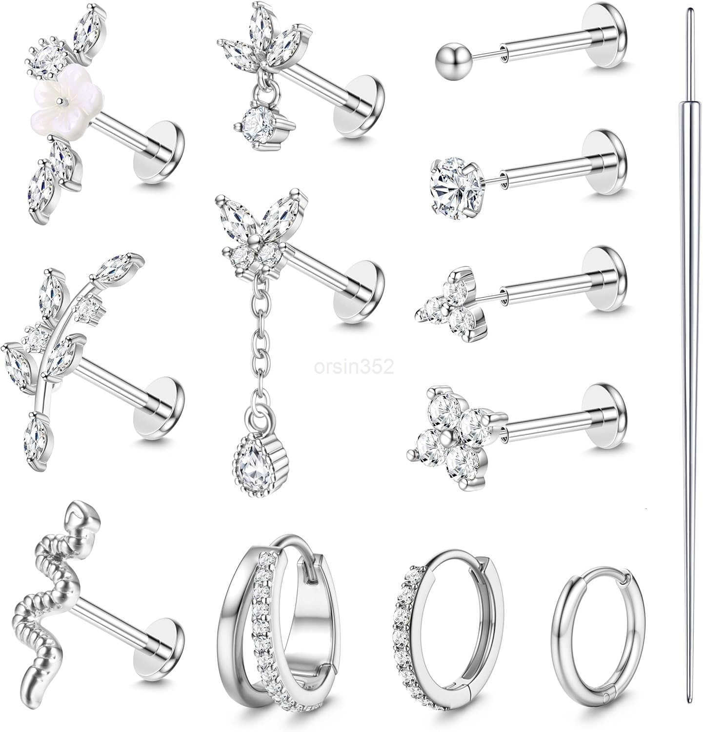 20G 18G Threadless Flat Back Earrings Hypoallergenic Push in Stud Earrings 14K Gold Plated 316L Surgical Steel Stud Hoop Earring Sets Cartilage Helix 