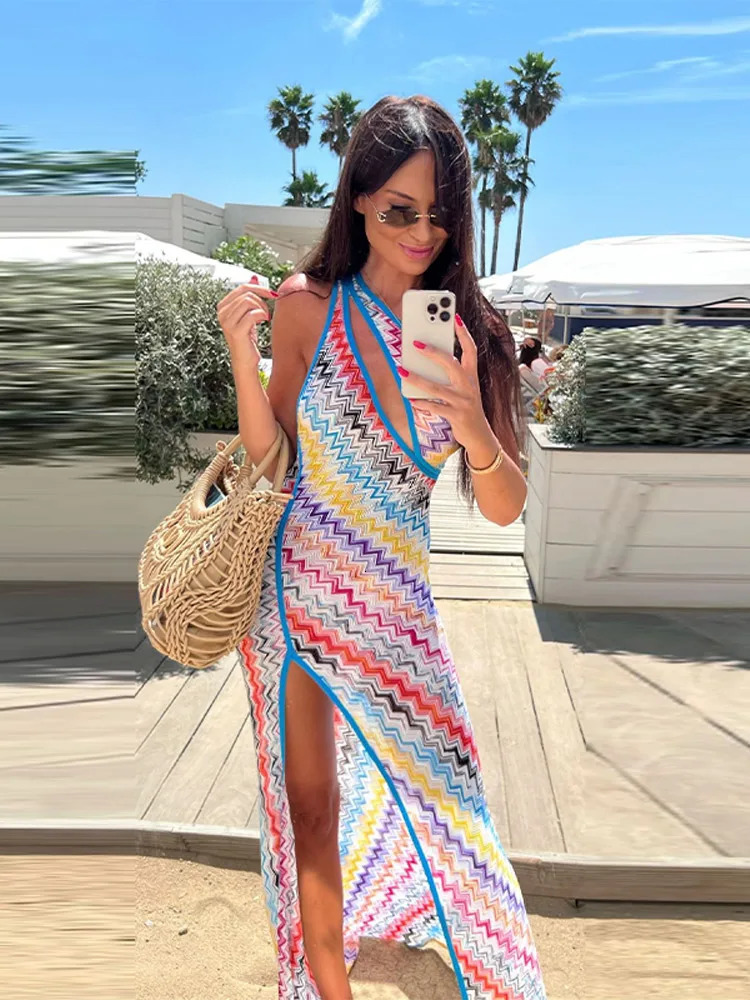 Womens Fashion Wavy Stripe Print Long Dress Sexy Oneshoulder Backless Side Split Maxi Lady Beach Vacation Vestidos 250909