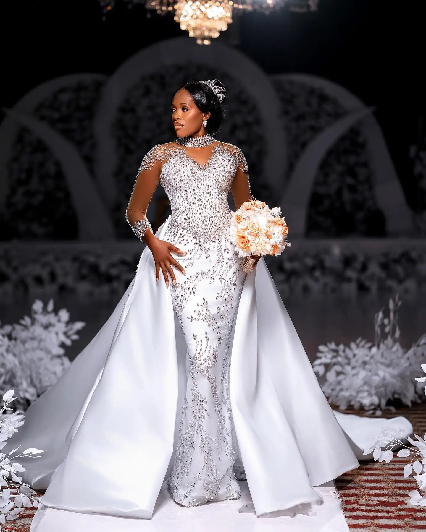 2025 African Luxurious Mermaid Wedding Dresses Overskirts Satin High Neck Rhinestone Crystal Beads Illusion Long Sleeves Illusion Girl Bridal Wedding 