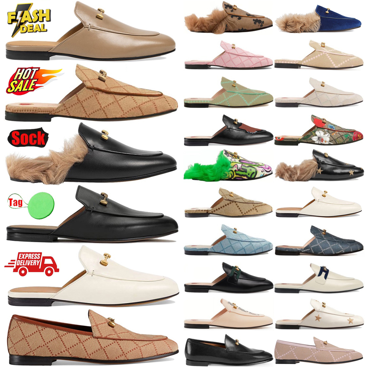 Designer slides Mules Princetown slippers sandals Womens Leather Half Horsebit Slipper Loafers Genuine Canvas Brown Embossed Metal Beige White Black Pink slide