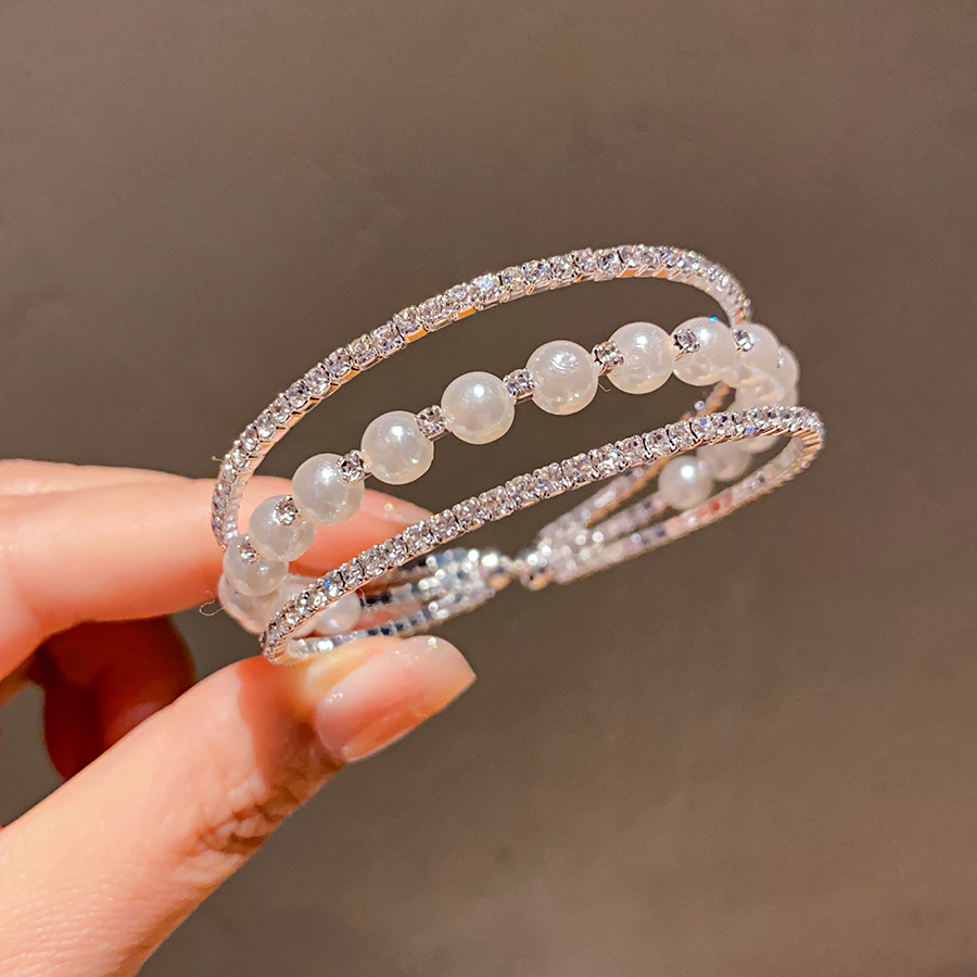 Silver-Tone Multi-Layer Bracelet With Pearl Beads & Crystal-Encrusted Accents, Elegant Dainty Style, Perfect For Elevating Feminine Daily Or Special-O
