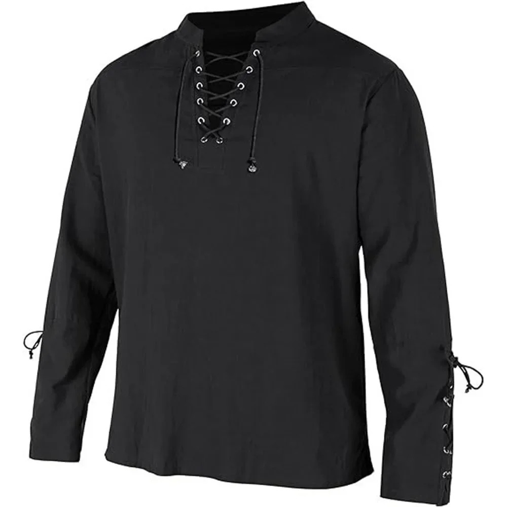 Mens Long Sleeve Shirts Lace Up Vneck Cuff Medieval Pirate Dress Up Streetwear Halloween Gothic Punk Style Mens Clothing 250909