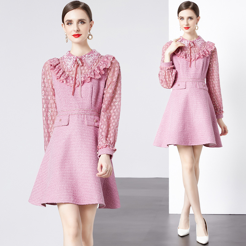 2024 Fashion Lady Flower Sequined Mesh Embroidery Ruffles Stitching Tweed Dress Women Long Sleeve Bow Collar Pink Mini Dresses 241011