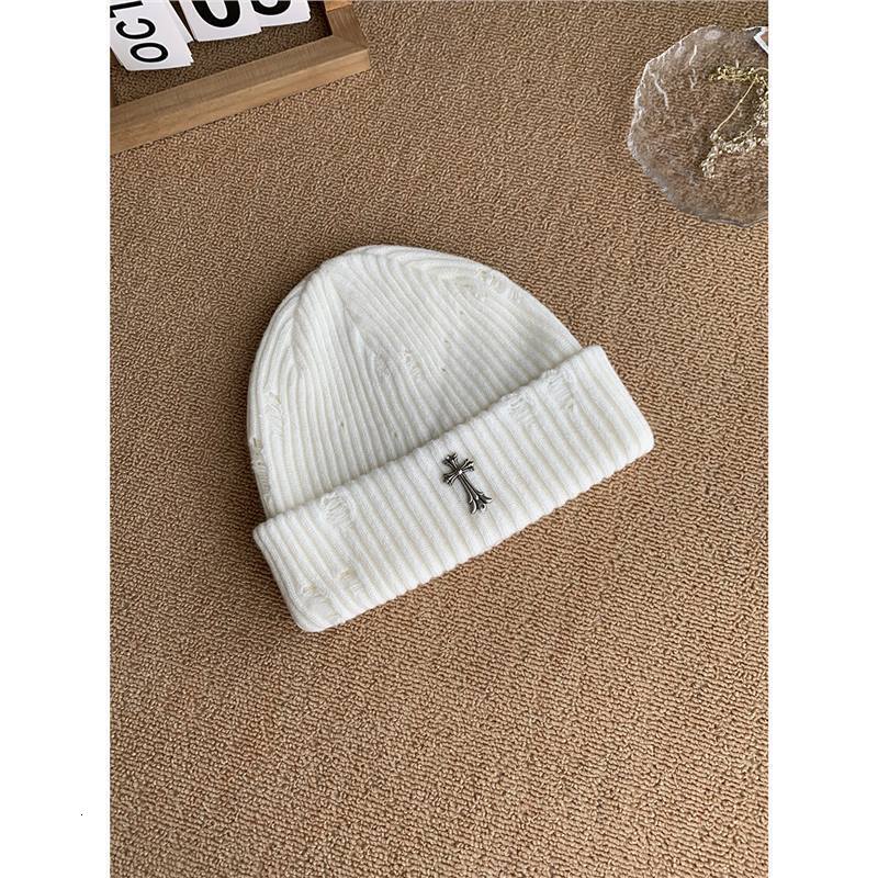 designer hat autumn winter high street fashion distressed knitted unisex versatile metal wool hat couple beanie cap