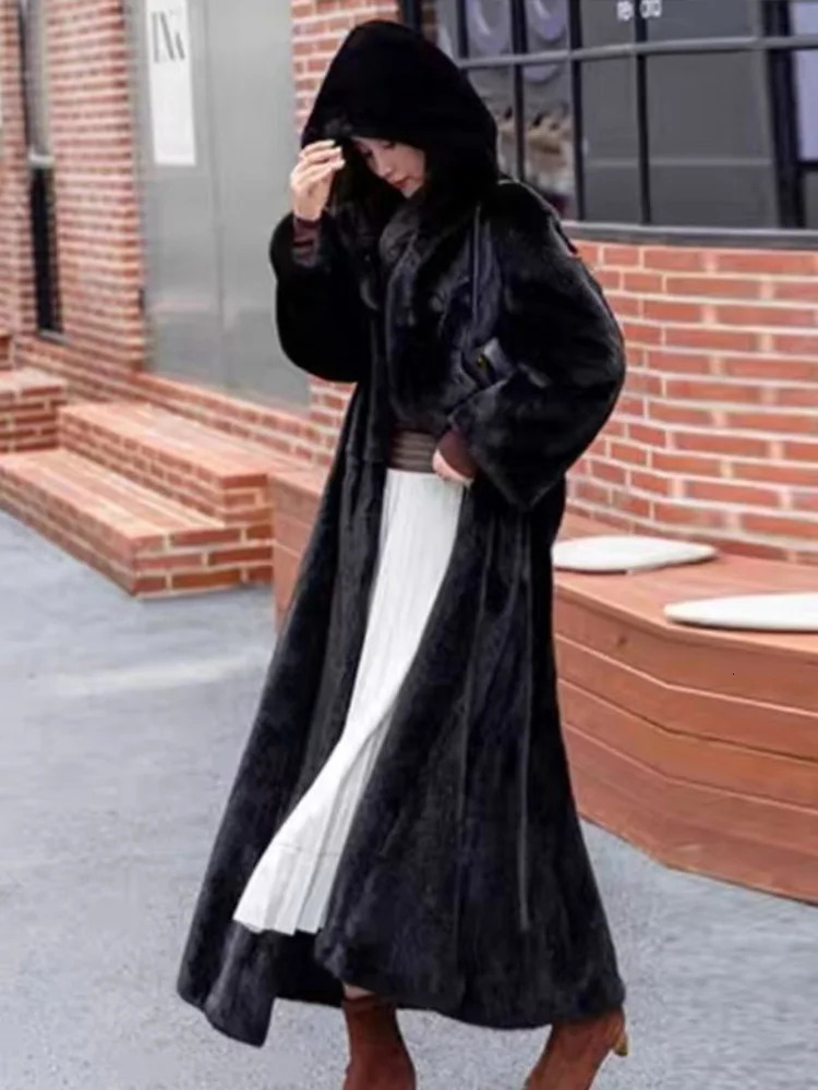 Faux Fur Hooded Coat With Belt Hat Women Mink Fur Extended Long Coats Warm Thicken Overcoat Slimming Fluffy Outwear Top 250908