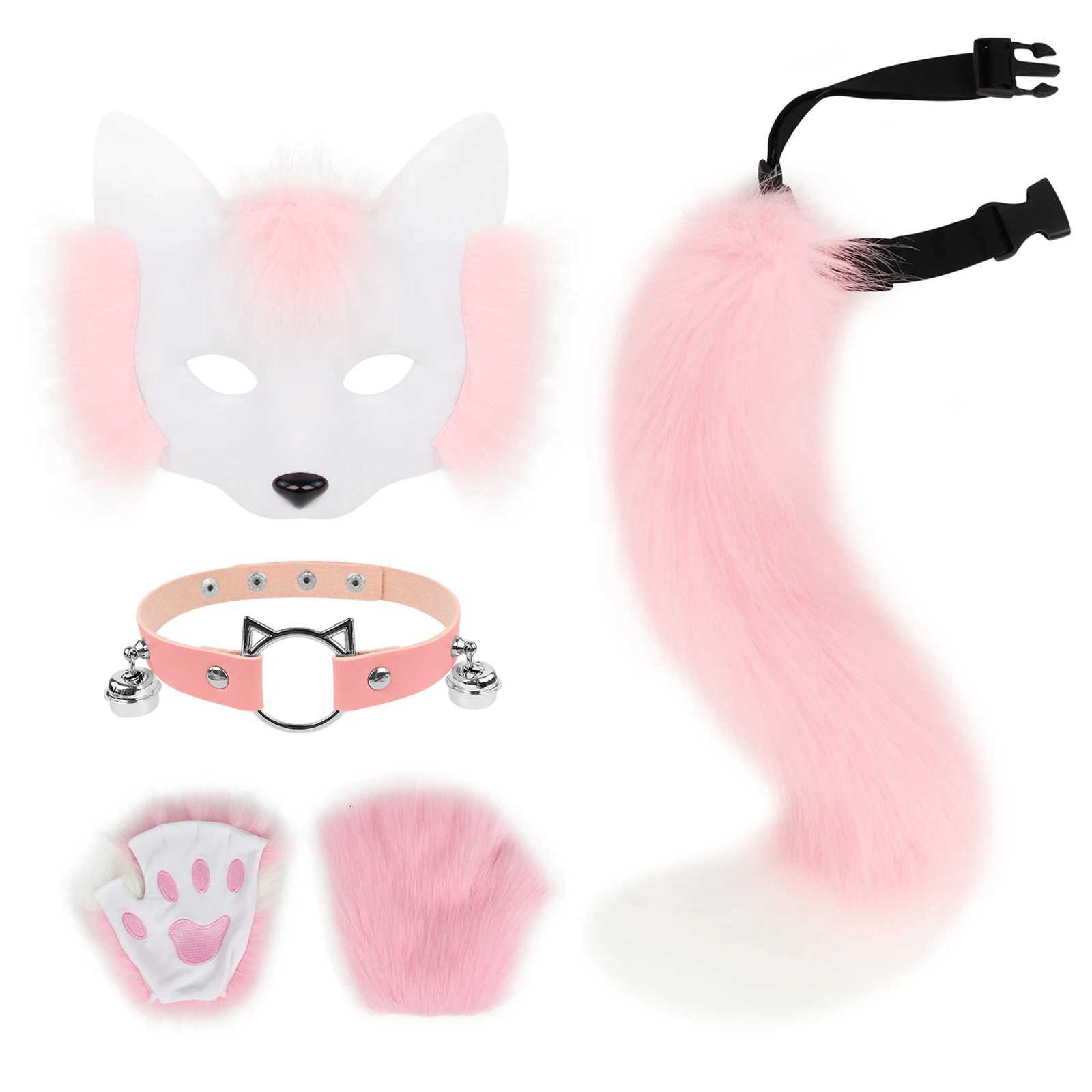 Faux Fur Half Face Mask Paw Gloves Wolf Fox Tail and Leather Necklace Set Costume for Halloween Cosplay Party H250908