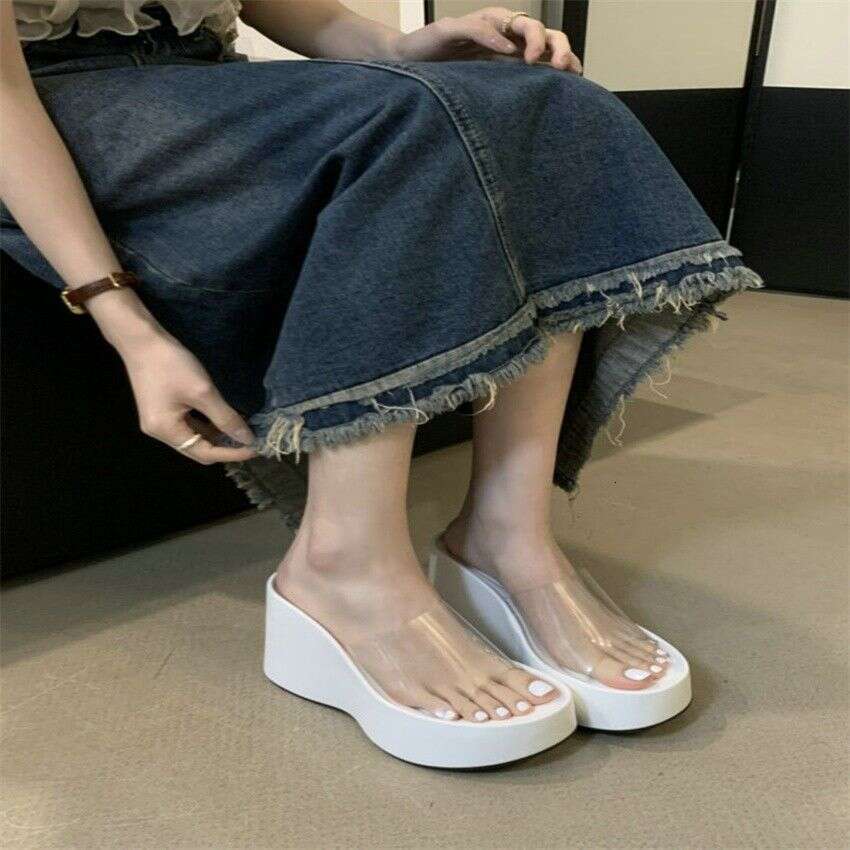 Trendy Designer Shoe Transpnt Wedge Sandals for Women 2025 Summer Small Size Thick Sole Slimming Fairy Style Slip-On Slides