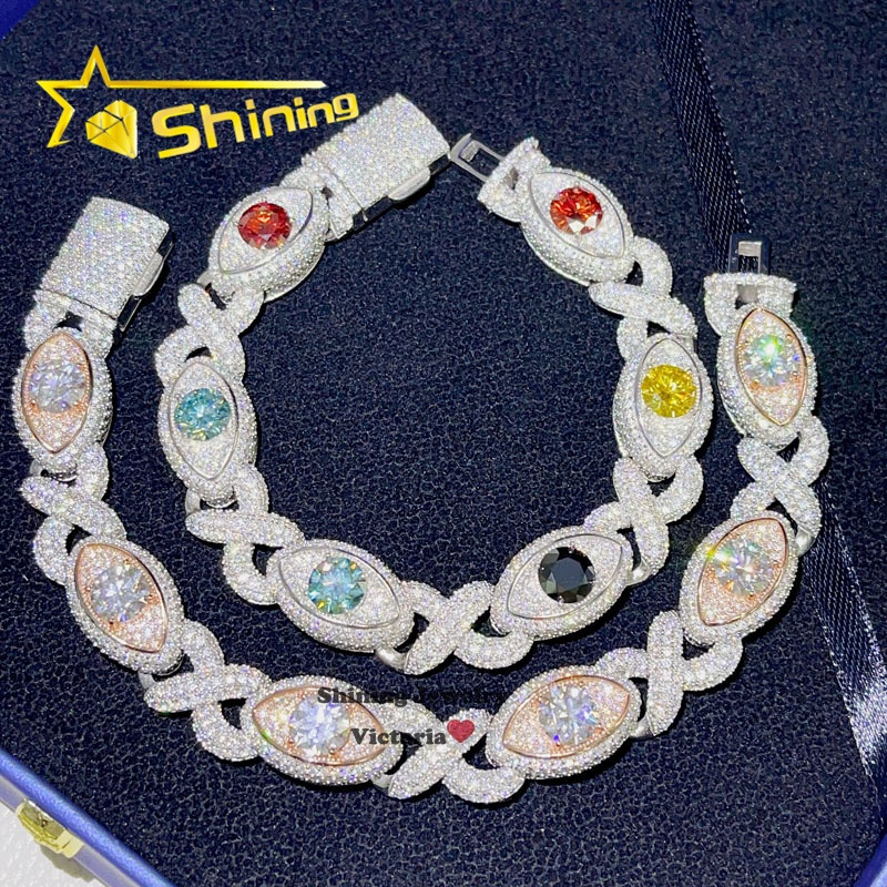 Hip Hop Jewelry Men Fashion 14K White Gold Plating Sterling Silver 925 Iced Out VVS Moissanite Diamond Evil Eye Cuban Bracelet 1