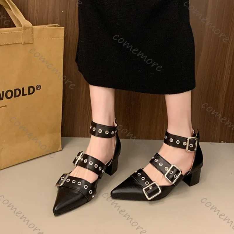 Comemore Retro Belt Buckle Pointed Pumps Chunky High Heeled Riveted Shoes Hollowed Out Solid Womens Baotou Thick Heel Sandals W250910