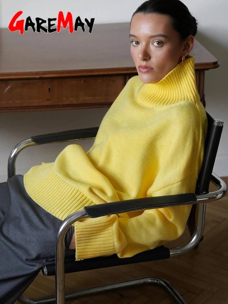 Autumn Women's Knitted Sweater Oversize High Collar Yellow Pullover Soft Winter Warm Vintage Red Sweaters for Women dongdumaoyi