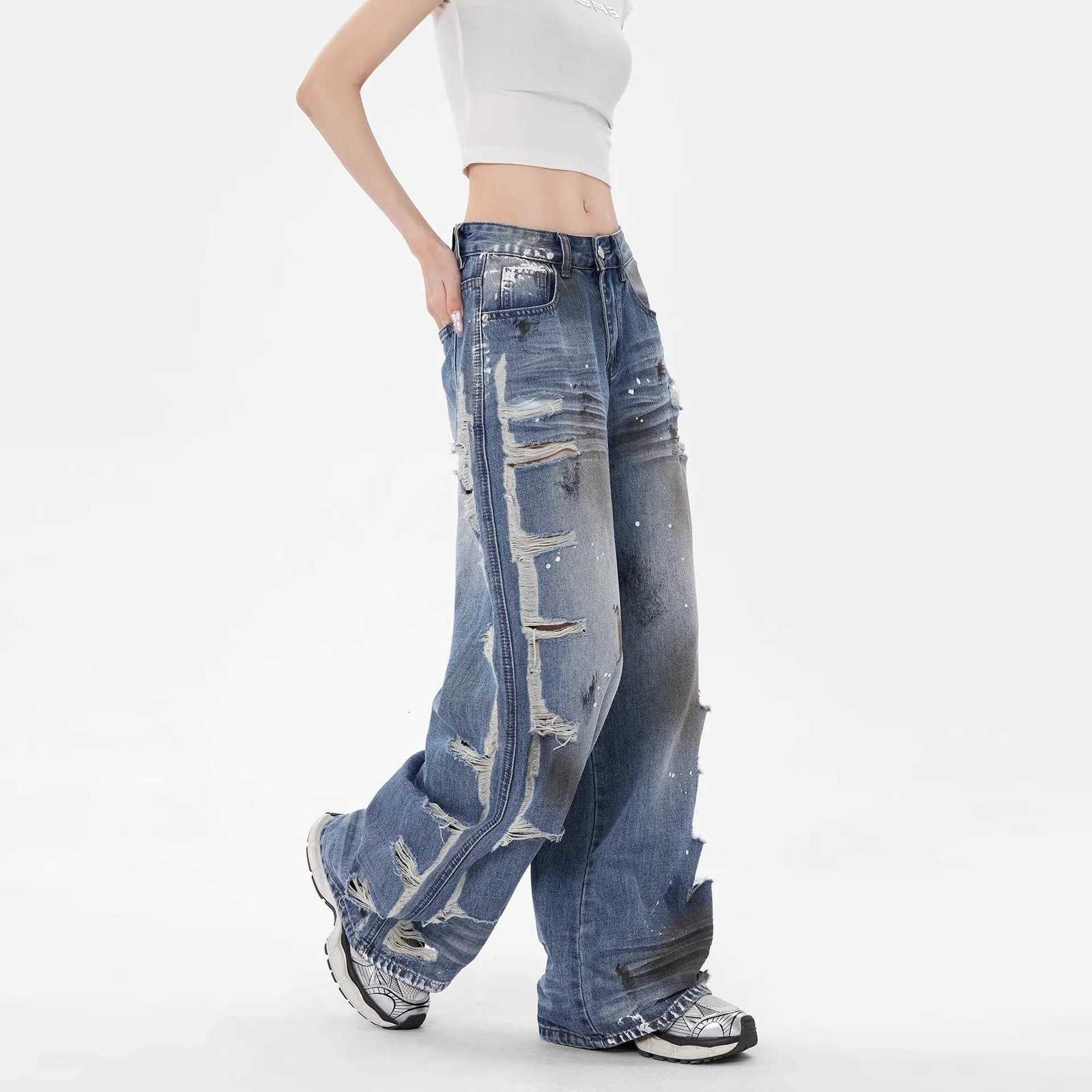 Loose Fit Wide Leg Distressed Denim Pants Women Vintage High Waist Ripped Jeans Light Wash Raw Hem Casual Y2K Street Fashion XL Z250910