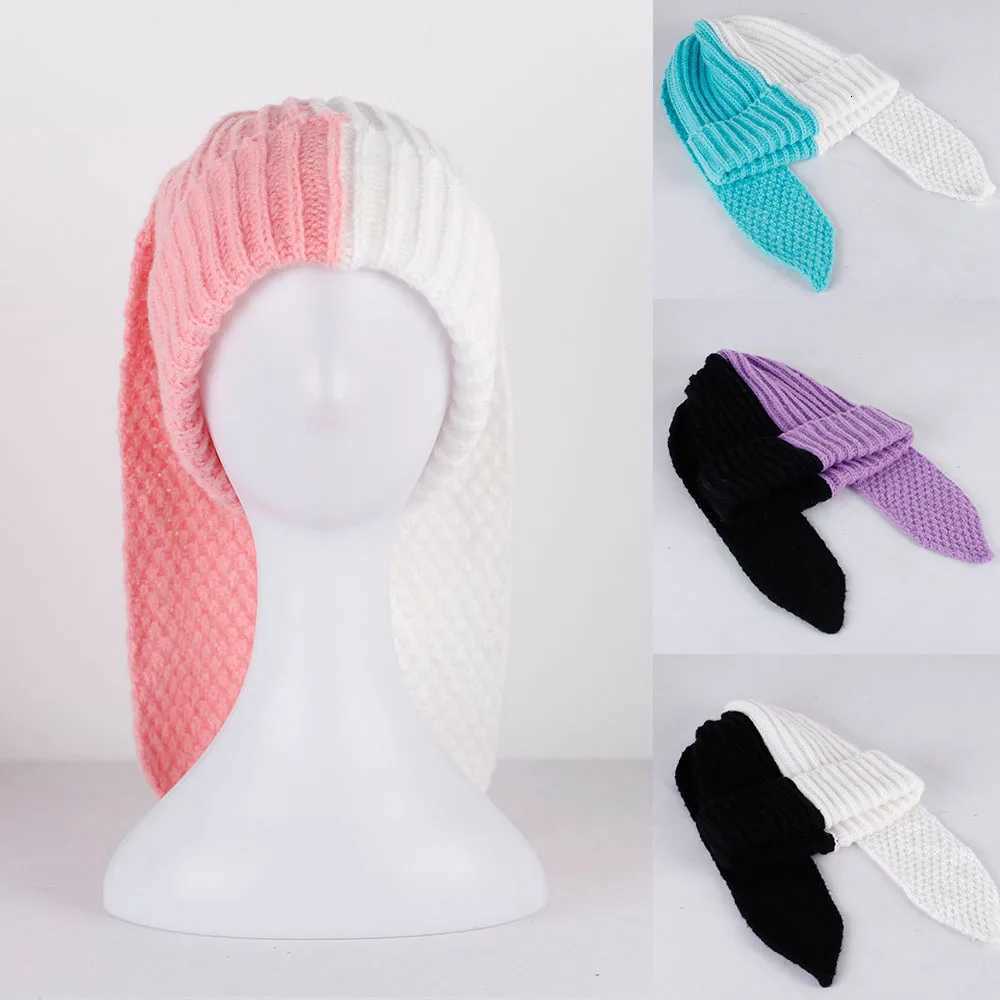 2023 Splicing colors Rabbit Ears Knitted Hat Niche Design Personality Fashion Hat Men Women Cute Warm Autumn and Winter Tide HatXJ250910