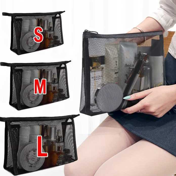 Black Mesh Cosmetic Bag Travel Storage Makeup Bag Organizer Female Make Up Pouch Portable Small Large Toiletry Beauty CaseXJ250910