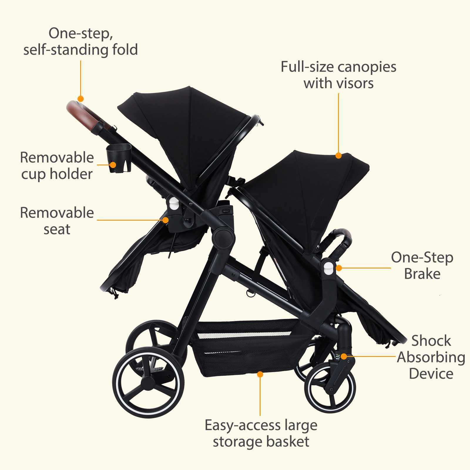 Double Stroller Track Tandem Stroller for Infant and Toddler Foldable Pushchair Bassinet Pram MultiPosition Reversible W250910