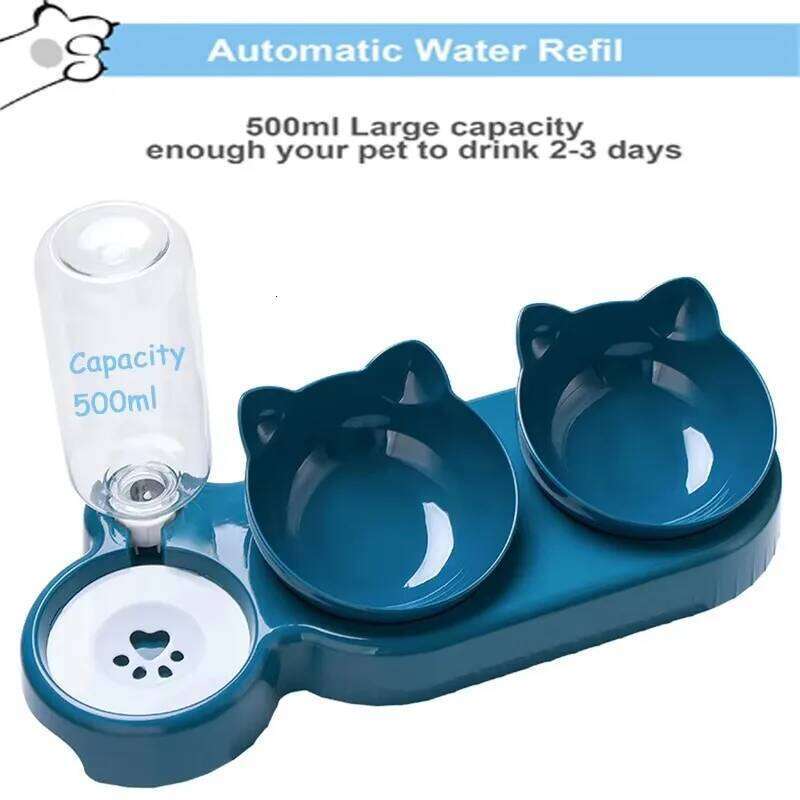 designer brand Triple Cat Pet Feeder in Double Bowls with Automatic Drinking Bottle Tilted Rotatable Design for Cats and Dogs