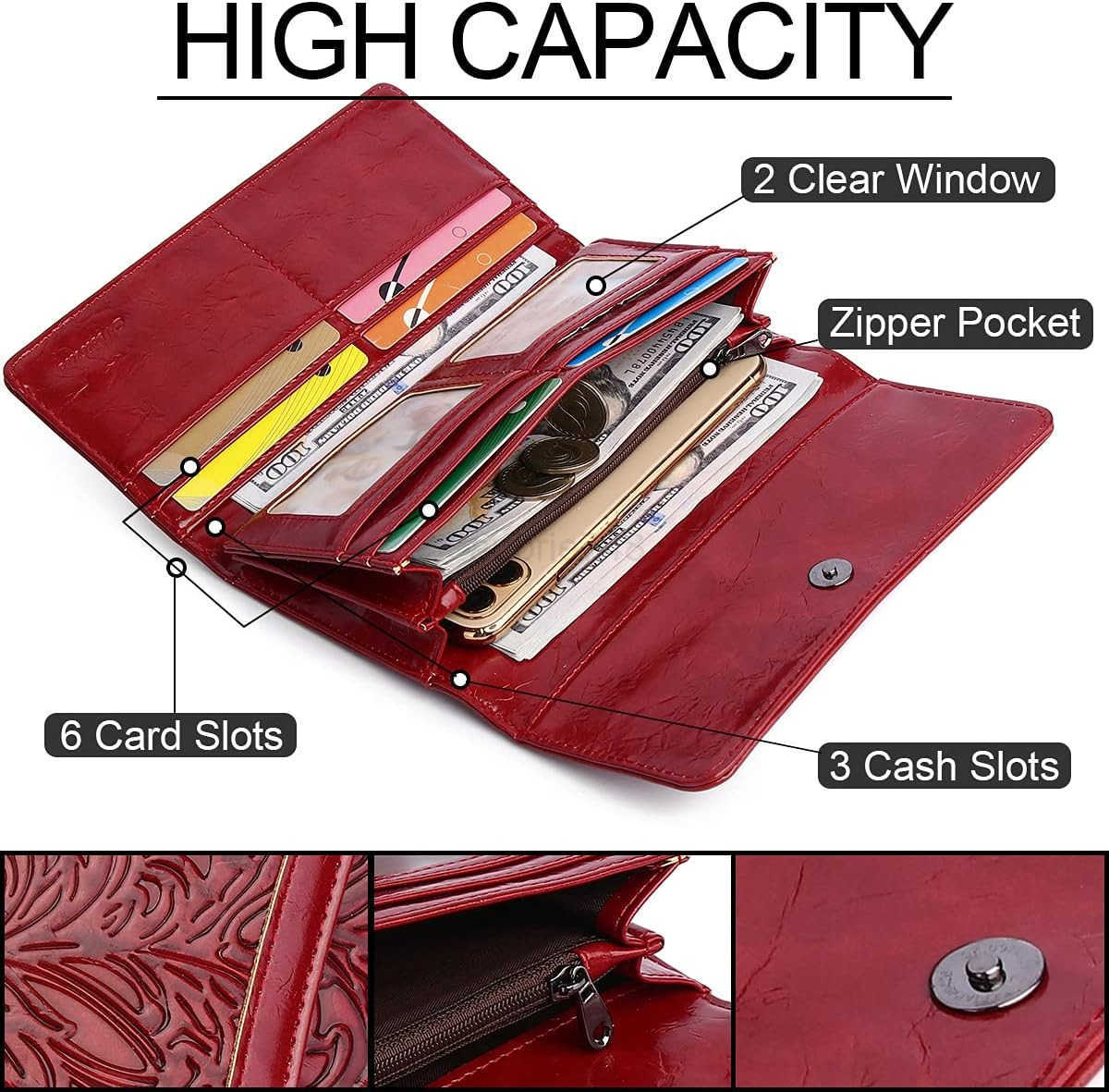 Womens Wallet Leather RFID Blocking Trifold Ladies Purse Embossed long Clutch Card Holder Phone Checkbook OrganizerZ250910