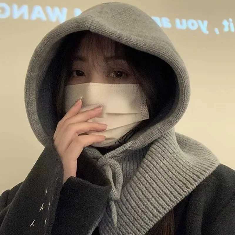 Knitted Hooded s Winter clava Hats Wen Korean Sty Outdoor Warmer Drawstring Hats Onepiece Neck Collar Beanies G250910
