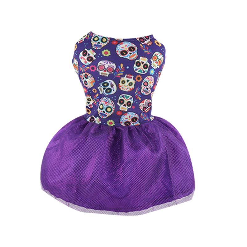 Halloween Dog Dress with Double-Layer Mesh Skirt Pumpkin & Colorful Skull Prints for Dogs 2-14kg Perfect for Halloween Parties Themed Events & Daily W