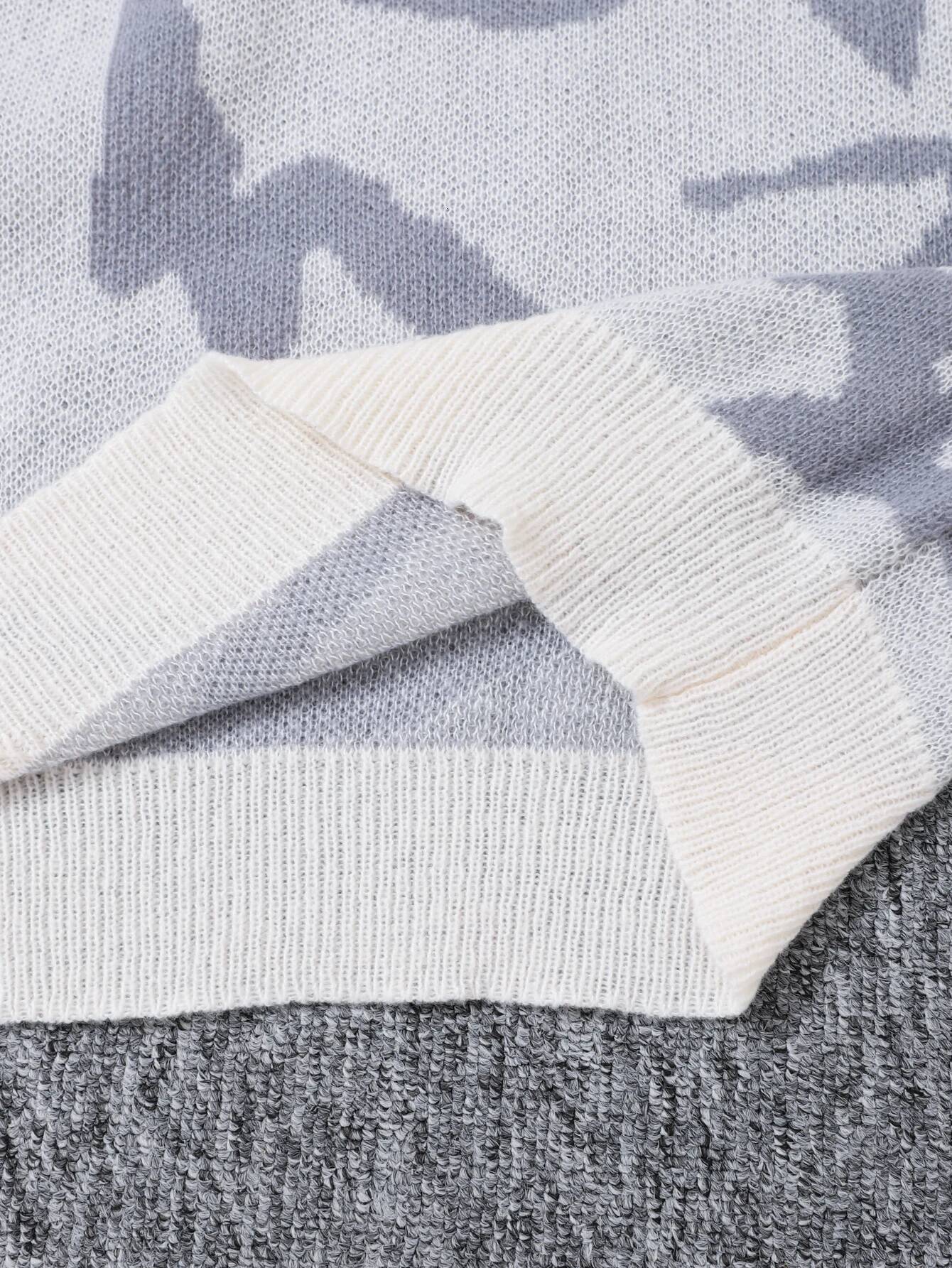 New Popular Spring Autumn Graffiti Jacquard Pattern Sweater Casual Round Neck Contrast Color Knitted Men's Pullover dongdumaoyi