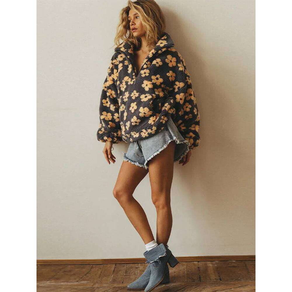 Designer Clothing 2025 Fashionable Long Sleeve Zipper Hoodie Loose Fit Lamb Fur Printed Women's Spring New Arrival Cross-Border Clothing Streetwe