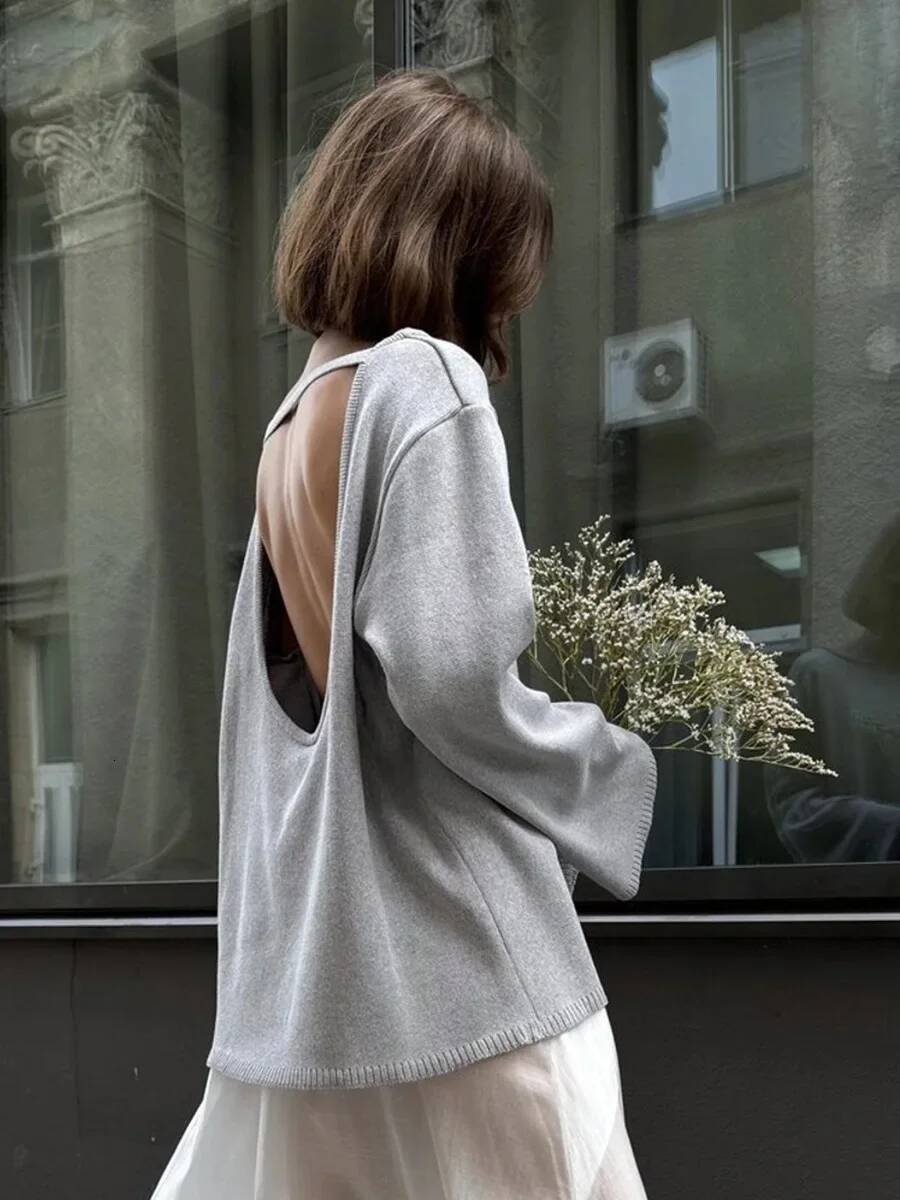 Wolfeel Autumn Winter New Women's Cotton Backless Design Loose Knit Pullover Jumper Fashionable Commuting Sweater dongdumaoyi