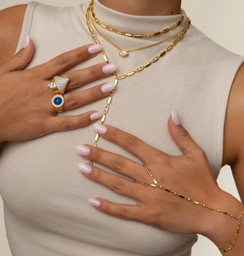 2025 New Women Fashion Jewelry Geometric CZ Rectangle Charm Link Hand Chain Bracelet Choker Y Lariat Necklace