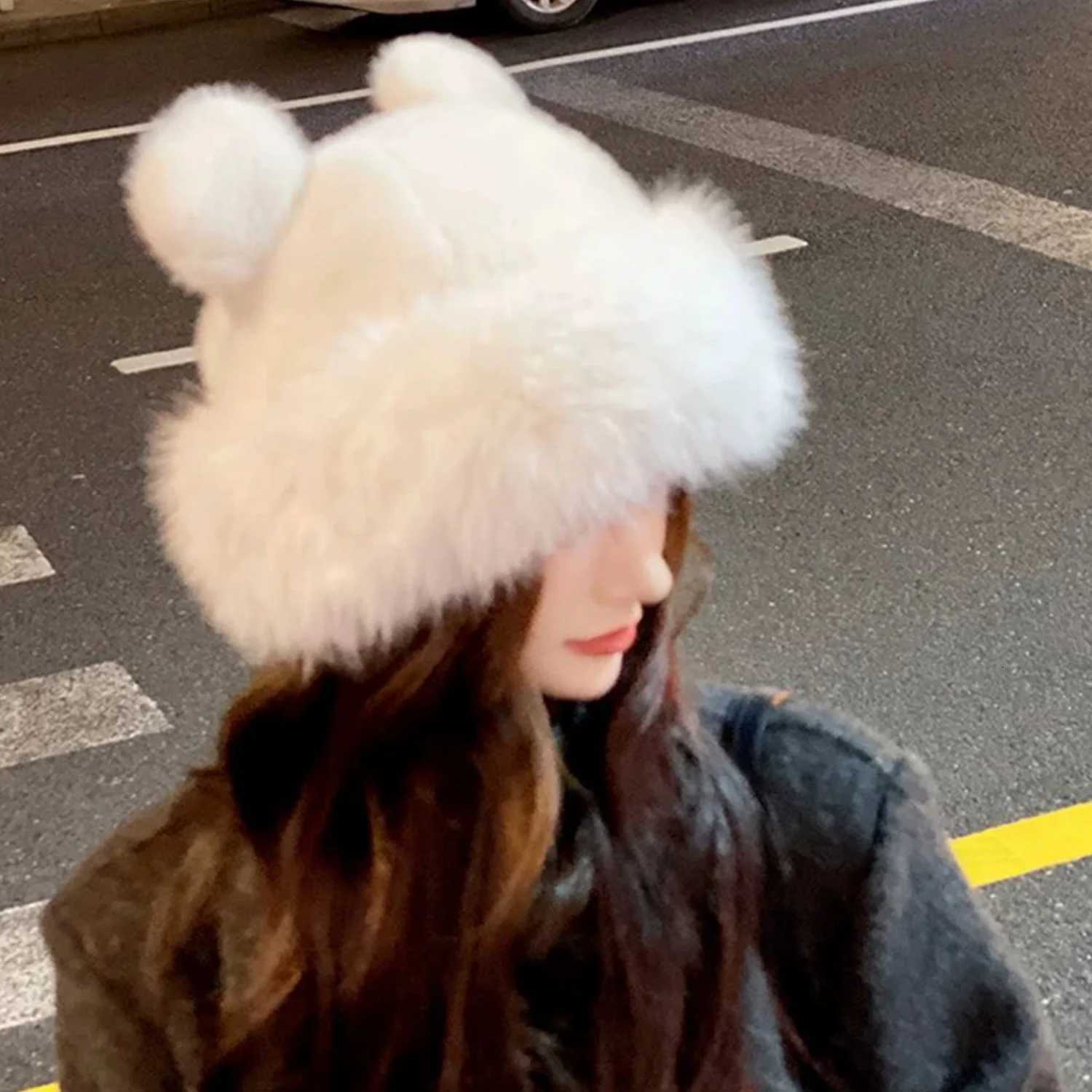 Retro Fuzzy Bear Ear Beanie Hat Pompom Ears Bucket Hats for Men and Women Winter Russian Thickened Warm Ear Protector Basin CXJ250910