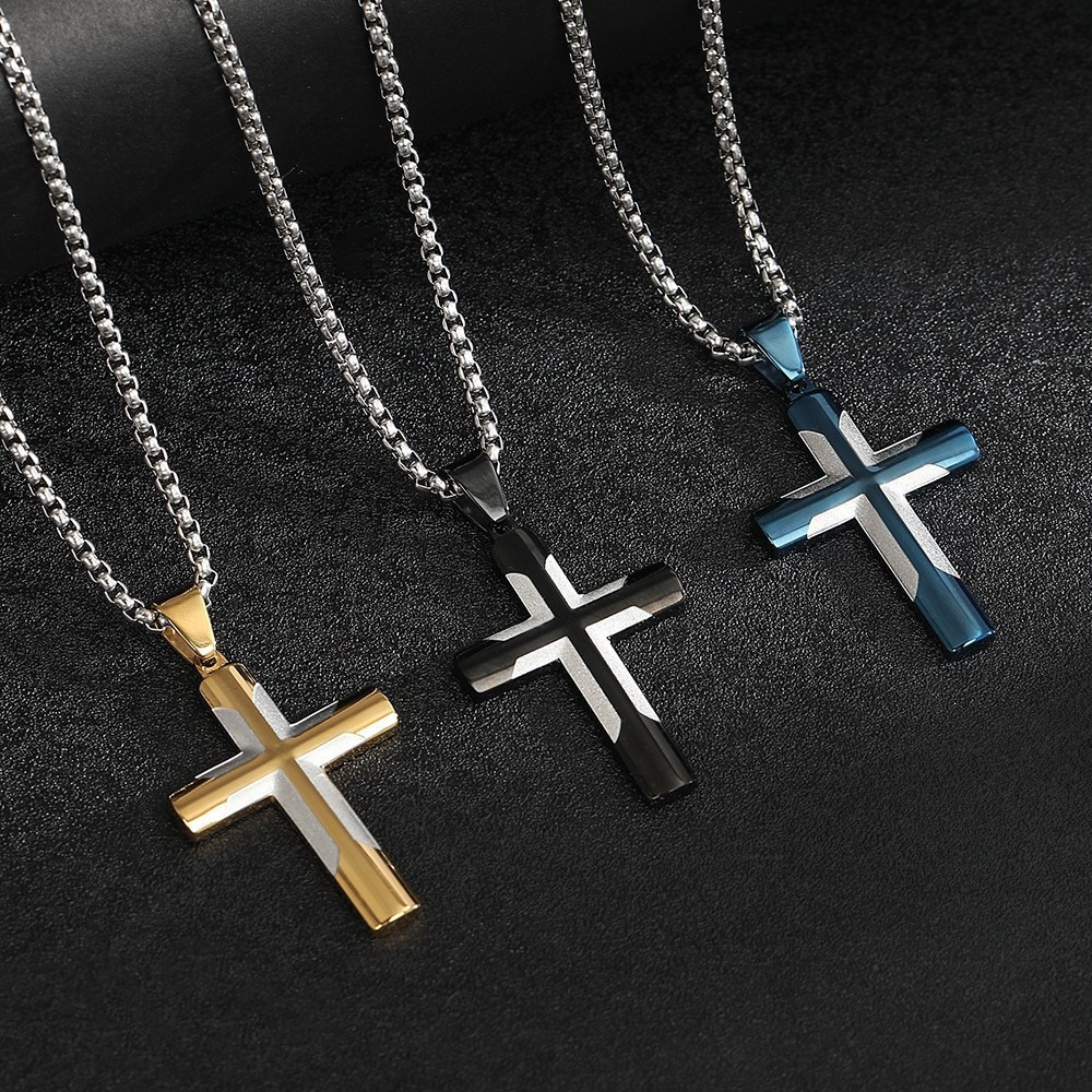 New Mens Versatile Necklace Simple Stainless Steel Hiphop Cross Necklace Niche Design Color Matching Necklace