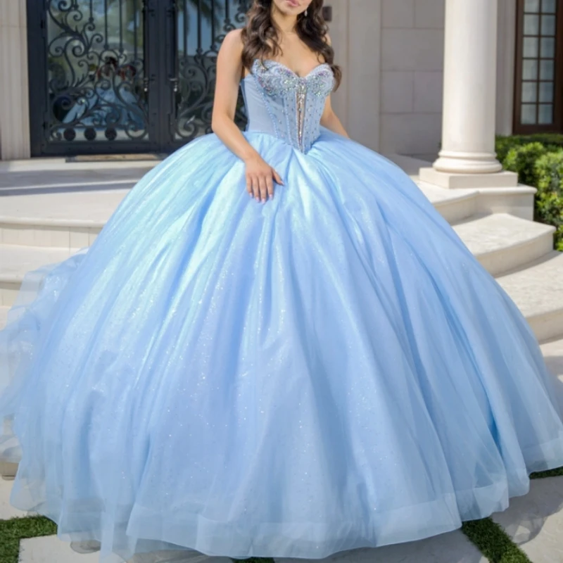 Sky Blue Shiny Quinceanera Dresses Ball Gown Off The Shoulder Beading Crystal Corset Tull Sweet 16 Dress Vestidos 15 De Anos