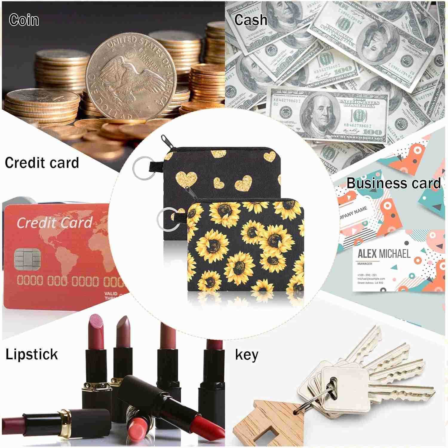 2 Pcs Sunflowers Coin Purse Fabric Coin Pouch with Key Ring Zipper Heart Coin Bag Small Black Canvas Purse Pouch Travel Portable Keychain WalletZ25091