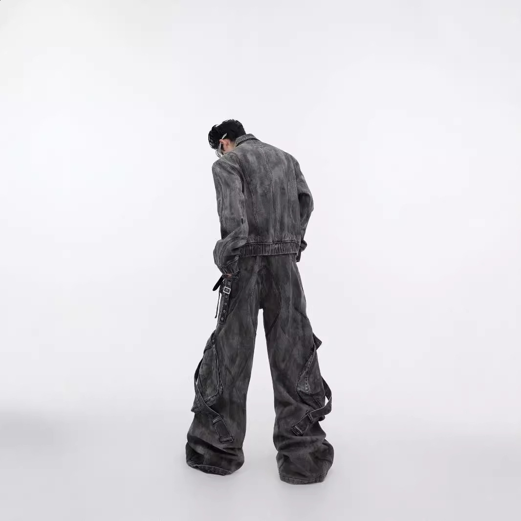 NOYMEI fashion mens denim two-piece set solid color autumn winter black cargo wide leg jeans short jacket WA3035 241030
