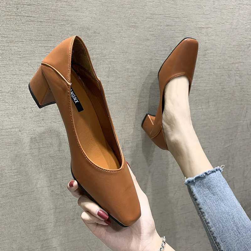 Shallow Mouth with Followup Shoes 2024 New Simple Solid Color Middle Heel Square Toe Daily Work Single Shoe Zapatos De Mujer W250910