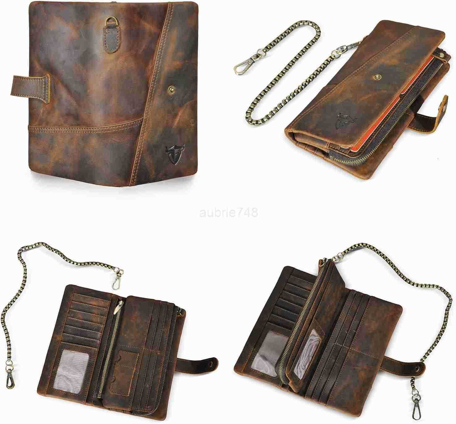 Genuine Crazy Horse Leather Travel Gift Coin Pocket Card Case Long Organizer Chain Rfid Wallet Purse With Snap For Men Male 1803 1803 BrownZ250910