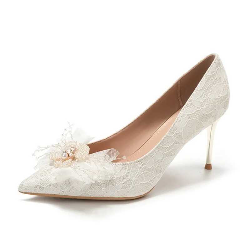2025 New White French Wedding Shoes Womens Pearl Heel Pointed Shallow Mouth Bride Shoes W250910