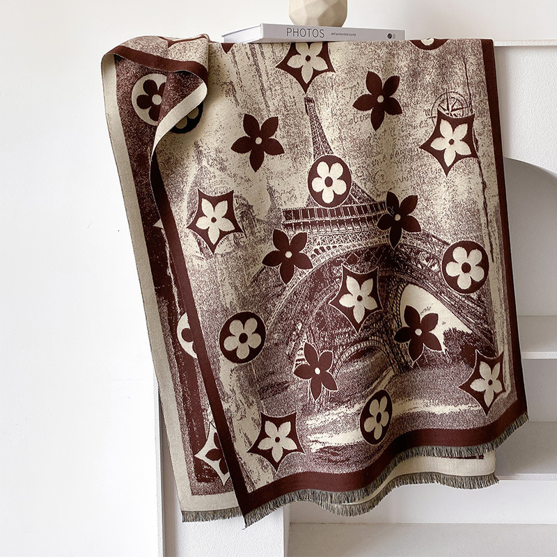 New Five-Pointed Star Imitation Cashmere Scarf for Women, Fashionable Paris Eiffel Tower, Autumn and Winter Warm Long Shawl, Thickened