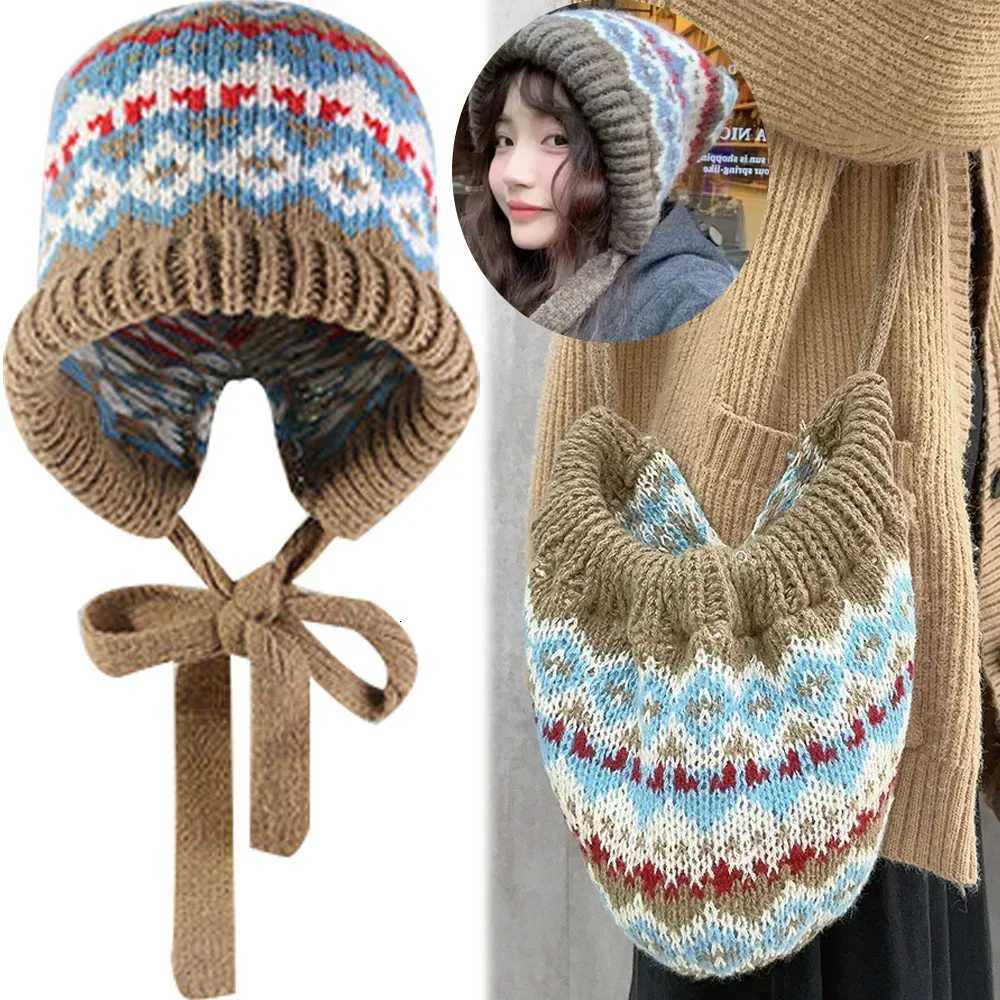 Striped Spld Knitted Briml Hat Ethnic Retro Style Woolen Hats Autumn Winter Thickened Warm Resistant Ear Protection CsXJ250910