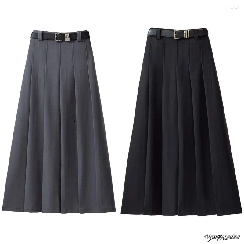 Skirts Women Maxi Skirt High Waist Pleated Ankle Length With Belt Solid Color A-Line Long For Office Women's Clothing