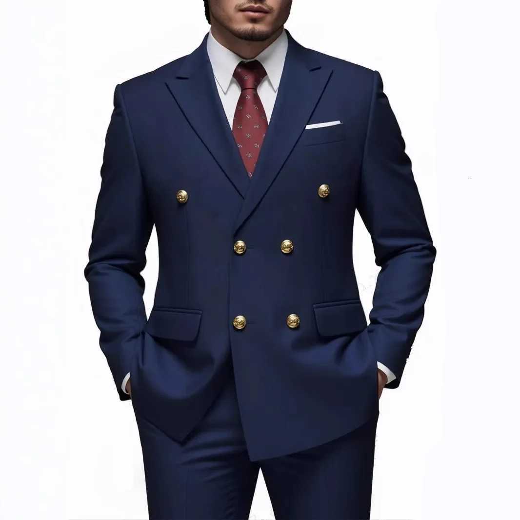 Men Double Breasted Suit Black Slim Fit High Quality Wedding Costume Party Prom Gold Button Male Suits W250910
