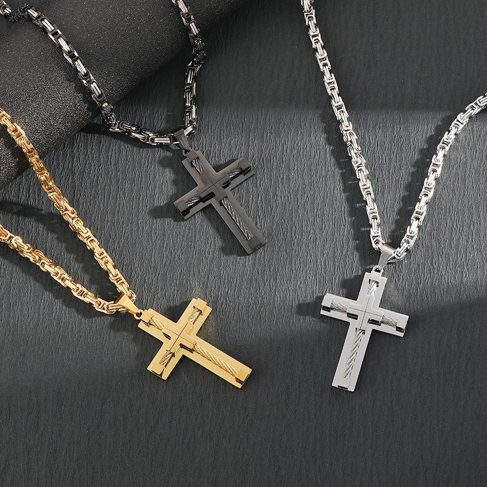 Mens New Fashion Geometric Titanium Steel Dominant Agate Stone Cross Pendant Necklace Stylish Stainless Steel Anniversary Gift