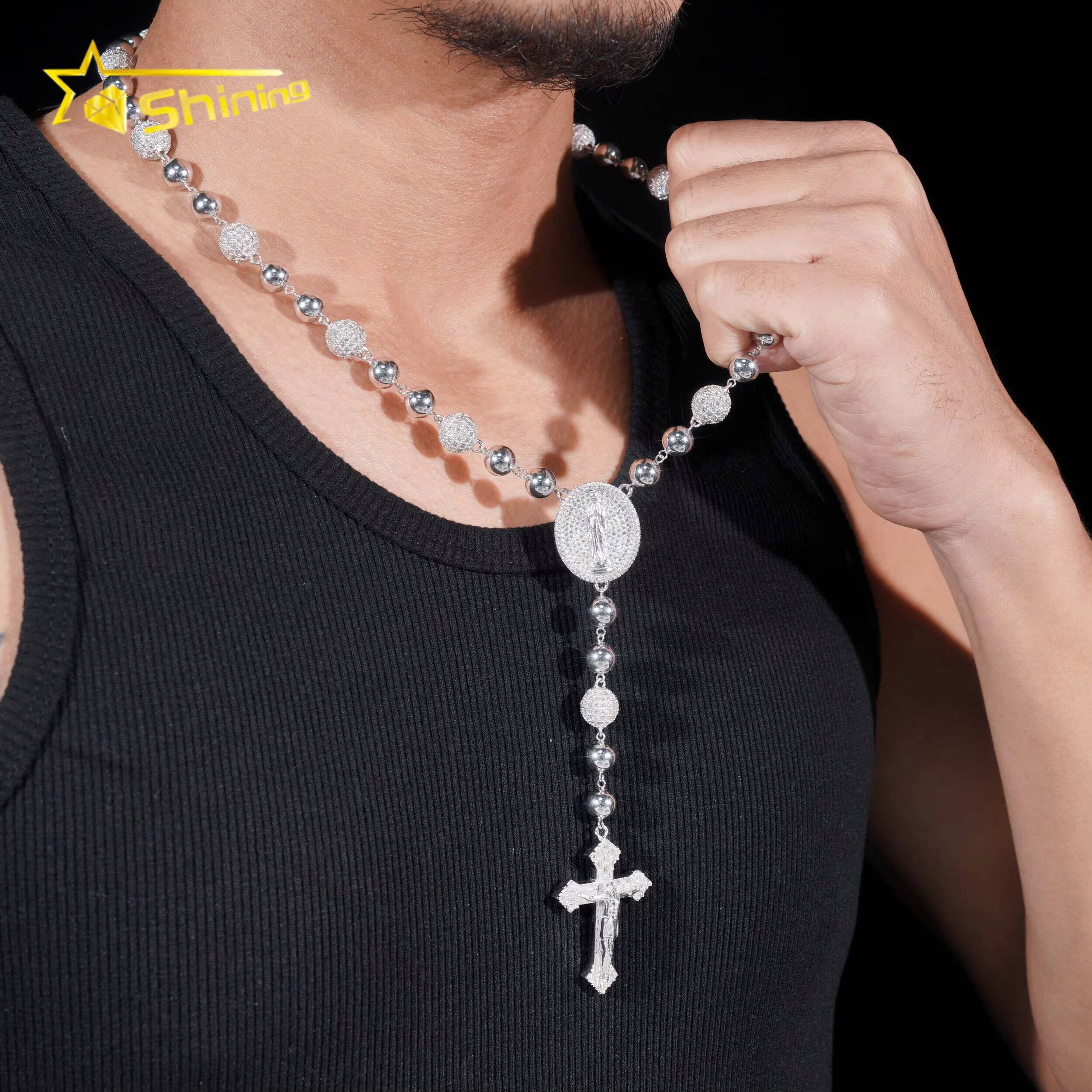 Pass Diamond Tester Hip Hop Iced Out Allah Moissanite Ball Chain 10mm Beads Necklace with Cross Pendant