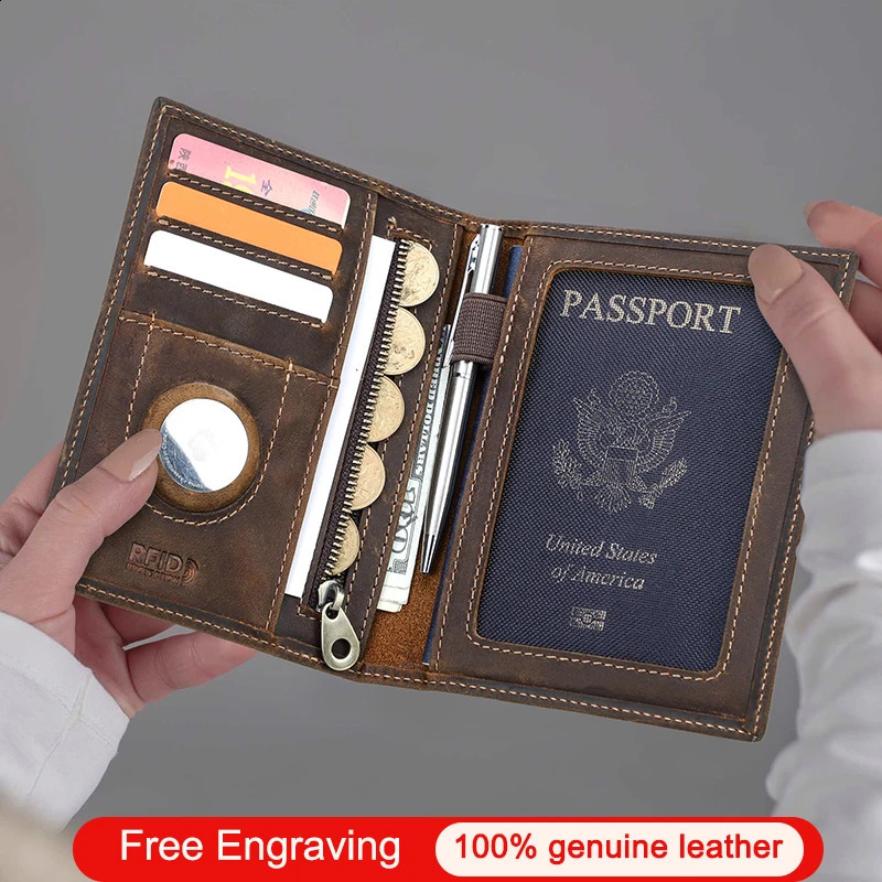 CONTACTS Genuine Leather Passport Wallet Card Holder Coin Purse AirTag Slot Men Travel Wallet Womens Purse Passport Cover Bag250906